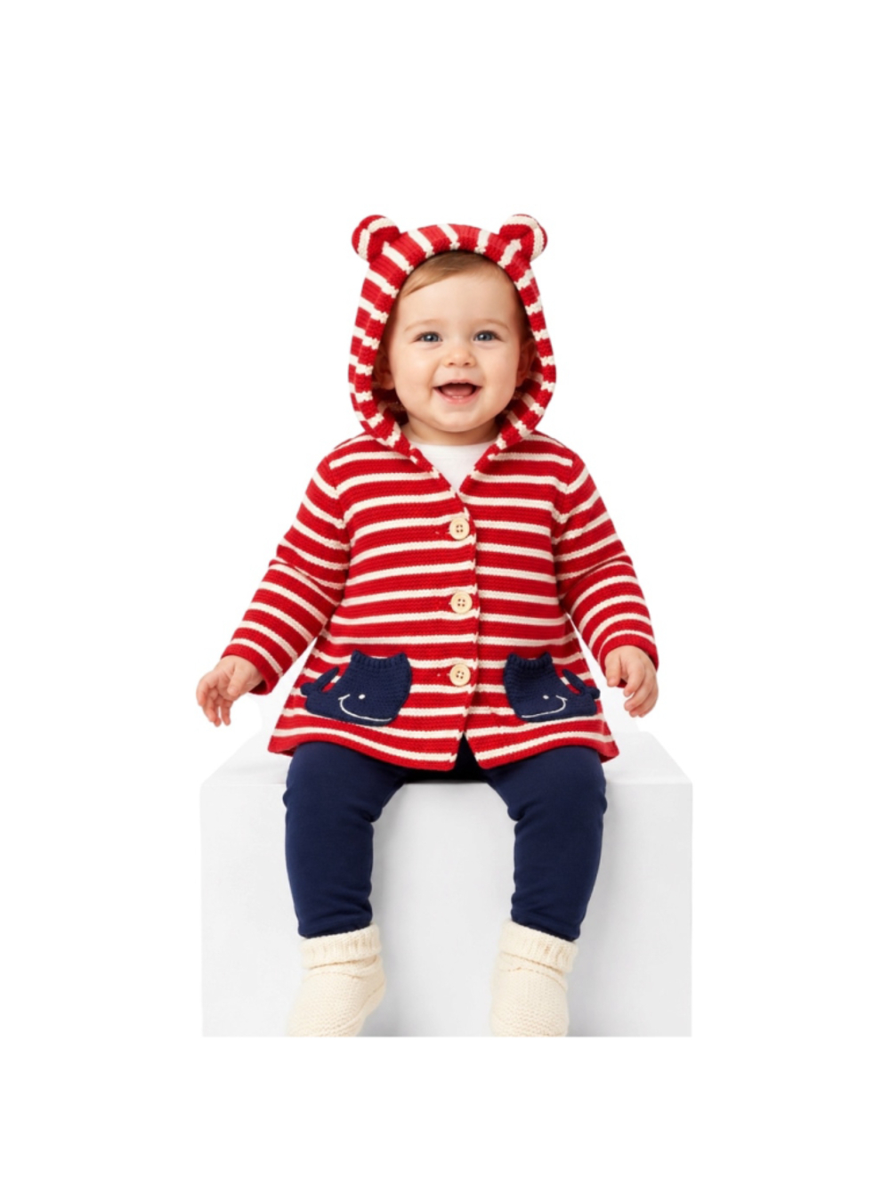Baby Gap Red Striped Hooded Cardigan Whale Pockets 6–12 Months